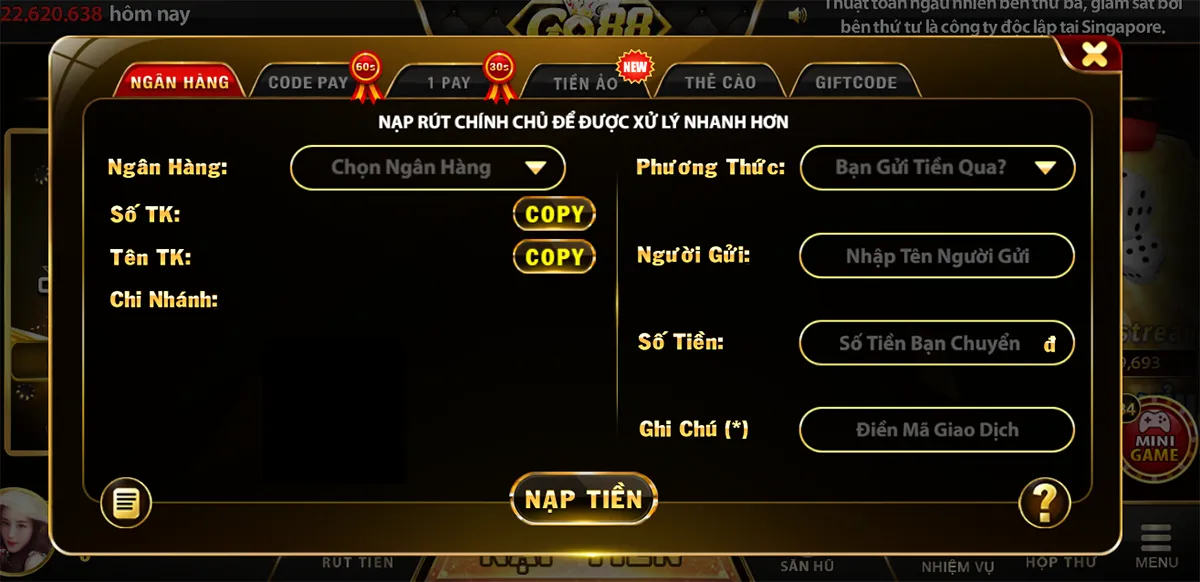 cách nạp tiền ngân hàng tại Link tai go88