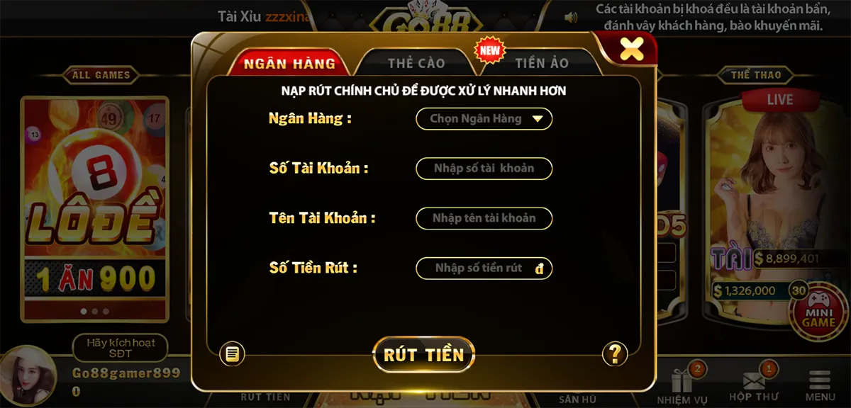 rút tiền Go88 bằng tài khoản ngân hàng